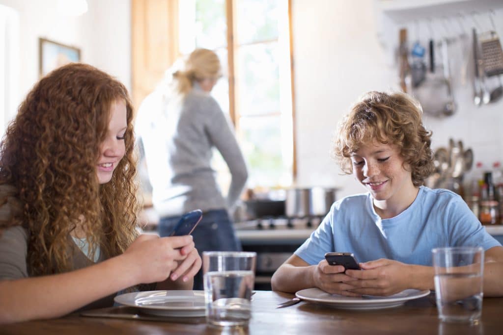 Siblings using smartphone at dining table